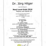 Zertifikat von Zahnarzt Dr. Hilger zur Teilnahme an der Veranstaltung "Next-Level-Endo 2016"