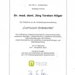 Zertifikat von Zahnarzt Dr. Hilger zur Teilnahme an der Fortbildungsveranstaltung "Curriculum Endodontie"