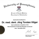 Zertifikat von Zahnarzt Dr. Hilger zum Besuch der School of Dental Medicine
