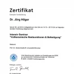 Zertifikat von Zahnarzt Dr. Hilger zur Teilnahme am Intensiv Seminar "Vollkeramische Restauration & Befestigung"
