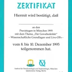 Zertifikat von Zahnarzt Dr. Hilger zur Teilnahme an den Praxistagen 1995